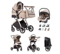 Kakbgee Trio Poussette 3 en 1 avec Siège Auto, Landau Bébé Pliable, 7 Positions Poignée, Suspension 4 Roues, Housse Pluie, Moustiquaire, Système de Voyage pour Nouveau-Nés 0-3 Ans (15kg),Beige-Kaki
