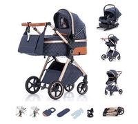 Kakbgee Trio Poussette 3 en 1 avec Siège Auto, Landau Bébé Pliable, 7 Positions Poignée, Suspension 4 Roues, Housse Pluie, Moustiquaire, Système de Voyage pour Nouveau-Nés 0-3 Ans (15kg), Bleu