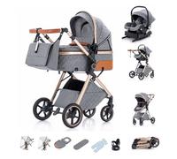 Kakbgee Trio Poussette 3 en 1 avec Siège Auto, Landau Bébé Pliable, 7 Positions Poignée, Suspension 4 Roues, Housse Pluie, Moustiquaire, Système de Voyage pour Nouveau-Nés 0-3 Ans (15kg), Gris clair