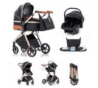 Kakbgee Trio Poussette 3 en 1 avec Siège Auto, Landau Bébé Pliable, 7 Positions Poignée, Suspension 4 Roues, Housse Pluie, Moustiquaire, Système de Voyage pour Nouveau-Nés 0-3 Ans (15kg), Noir