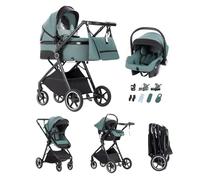 Kakbgee Trio Poussette 3 en 1 avec Siège Auto, Landau Bébé Pliable, 7 Positions Poignée, Suspension 4 Roues, Housse Pluie, Moustiquaire, Système de Voyage pour Nouveau-Nés 0-3 Ans (15kg),Bleu-Vert