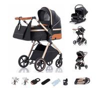 Kakbgee Trio Poussette 3 en 1 avec Siège Auto, Landau Bébé Pliable, 7 Positions Poignée, Suspension 4 Roues, Housse Pluie, Moustiquaire, Système de Voyage pour Nouveau-Nés 0-3 Ans (15kg), Noir