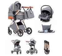 Kakbgee Trio Poussette 3 en 1 avec Siège Auto, Landau Bébé Pliable, 7 Positions Poignée, Suspension 4 Roues, Housse Pluie, Moustiquaire, Système de Voyage pour Nouveau-Nés 0-3 Ans (15kg), Gris clair