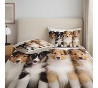 Kaki Drap Housse, 140 x 190 x 30 cm,Polyester Microfibre Coins Élastiqués Drap-Housses pour Matelas Épais jusqu'à 30 cm (12"), Photoréaliste Chiots Bergers Vivant Adorable Drap Housse