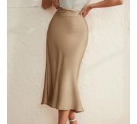 Kaki,Été,Élégant Unique,Élégant,Modeste,Jupe plissée en satin pour tea party,Jupe longue régulière avec fermeture éclair froncée pour femmes,Tenue professionnelle L,M,S,XL,XS,XXSUnicoloreTissu tissé