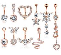 Kakonia 10Pcs 14G Piercing Nombril Acier Chirurgical Coeur Serpent Papillon Zircone Cubique Nombril Anneaux Dangling Nombril Anneaux Femme Mignon Or Rose Plaqué Percing au Nombril