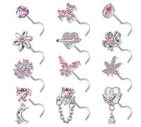 Kakonia 12Pièces 20G Piercing Nez Pour Femmes Argent Acier Inoxydable Nose Piercing Nasal Stud L S Shape Zircon Courbé Bijoux Pour Femmes