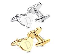 Kakonia 2 Paires de Boutons de Manchettes Initiales D pour Homme Personnalisé Unique Coeur Alphabet Lettre Or Argent Tuxedo Chemise Hommes Boutons de Manchettes Cadeau de Mariage Business
