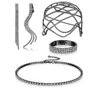 Kakonia 4Pcs Chaîne de Tête Dorée Pour Femme Fille 1920 Strass Bohème Cheveux Cristal Bracelet Boucles d'oreilles Collier Mariée Hindou Indienne Accessoire pour Cheveux Noir