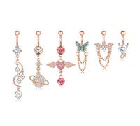 Kakonia 6Pcs 14G Piercing Nombril Acier Chirurgical Anneau Nombril Femme Dangling CZ Papillon Chauve Souris Mode Anneaux de Nombril Piercing Bijoux de Corps