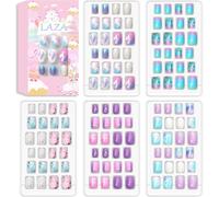 Kal-120pcs Children Nails Press On Pre-Glue Full Cover Nail Tips Kit Glitter Gradient Color Rainbow Short Artificial False Nail Kits Lovely For Children Kids Girls - Silver Pearl