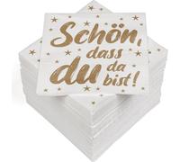 Kal-22-30243-204 : Lot De 100 Serviettes En Papier Triple Épaisseur, Inscription « Schön, Dass Du Da Bist », Doré/Blanc