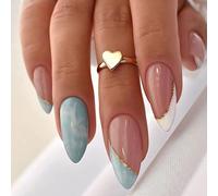 Kal-24 Pcs Moyen Amande Faux Ongles Acrylique Brillant Ongles À Coller Couverture Complète Glossy Artificiels Press On Nails Acrylique Faux Ongles Autocollants Pour Femmes Et Filles (Blanc & Bleu Cie