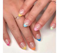 Kal-24 Pièces Amande Faux Ongles Court Macarons Colorés Press On Nails Été Français Acrylique Ongles À Coller Couverture Complète Ongles Artificiels Pour Femme Et Fille Diy Manucure