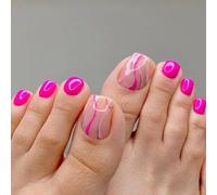 Kal-24 Pièces Faux Ongles D'orteil Carré Court Faux Ongles Pour Orteil French Ballerine Acrylique Couverture Complète Capsules Ongles Pied Avec Autocollants Adhesif Pour Femmes Filles (Rose Rouge Lig