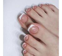 Kal-24 Pièces Faux Ongles D'orteil Carré Court Faux Ongles Pour Orteil French Ballerine Acrylique Couverture Complète Capsules Ongles Pied Avec Autocollants Adhesif Pour Femmes Filles (Blanc Bordure)