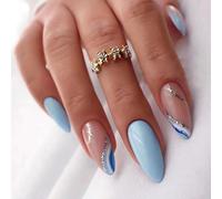 Kal-24 Pièces Faux Ongles Moyen Amande French Ongles À Coller Acrylique Capsules Brillant Ongles À Presser Avec Motif Vagues Bleues Pour Filles Femmes Diy Ou Nail Salon