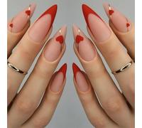 Kal-24 Pièces Ongles Prêt-À-Poser Saint-Valentin, Faux Ongles Amande, Design Français Ligne Coeur D'amour Ongles Artificiels À Coller, Embouts D'ongles Faux