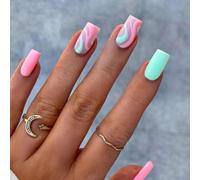 Kal-24pcs Court Carré Faux Ongles Rose Vert Français Press On Nails Naturel Ongles À Coller Con Vagues Acrylique Faux Ongles Autocollants Diy Nail Art Décoration Pour Femmes Et Filles