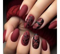 Kal-24pcs Faux Ongles Autocollants, Court Amande Faux Ongles À Coller Rose Fleurs French Press On Nails, Rouge Vin Couleur Pure Artificiels Ongles Réutilisables Pour Femmes Manucure Décoration