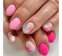 Kal-24pcs Faux Ongles Autocollants, Court Ovale Ongles À Presser French Press On Nails, Rose Fleurs Acrylique Ongles Naturel Réutilisables Pour Femmes Et Filles Manucure Décoration