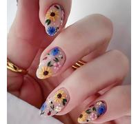 Kal-24pcs Faux Ongles Autocollants, Moyen Amande Ongles À Presser Motif Floral En Relief 3d French Press On Nails, Naturel Réutilisables Acrylique Ongles Pour Femmes Et Filles Manucure Décoration