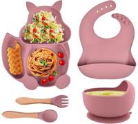 Kal-Assiette Bébé Set Repas Silicone, Lot De 5 Antiderapante Bol À Ventouse Fourche Cuillère Bavoir Sans Bpa Enfant Set Couverts Vaisselle Pour Fille Sevrage Manger Apprentissage, Rose