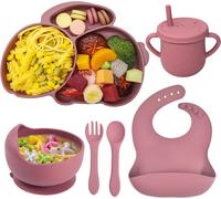 Kal-Assiette Bébé Set Repas Silicone Rose, Lot De 6 Antiderapante Bol À Ventouse Tasses Fourche Cuillère Bavoir Sans Bpa Enfant Set Couverts Vaisselle Pour Fille Sevrage Manger Apprentissage