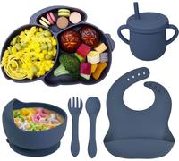 Kal-Assiette Ventouse Bébé Vaisselle Silicone, Fourche Cuillère Bavoir Tasses Et Bol, Lot De 6 Set Repas Couverts Sans Bpa Antiderapante Enfant Garçon Sevrage Manger Apprentissage, Blau Lapin