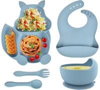 Kal-Assiette Ventouse Pour Bébé Vaisselle Silicone, Fourche Cuillère Bavoir Et Bol, Lot De 5 Set Repas Couverts Sans Bpa Antiderapante Enfant Garçon Sevrage Manger Apprentissage, Blau