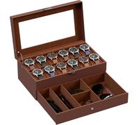 Kal-Boite A Montre À 2 Niveaux, 12 Emplacements Avec Coussins Pour Montres, 2ème Compartiment Pour Des Petits Bijoux Accessoire, Avec Couvercle En Verre -Marron