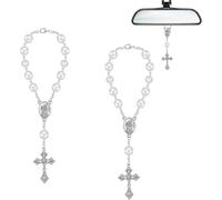 Kal-Chapelet De Voiture Pour Rétroviseur Avec Saint Christophe Blanc Chapelet De Voiture Court Cadeau Pour Conducteur Chapelet Mignon À Suspendre Pour Rétroviseur Décoration Et Protection (2)