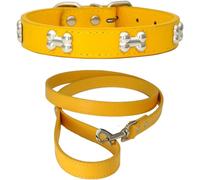 Kal-Collier De Chien Pu Réglable + Laisse Pour Chien, Collier De Chien D'os D'alliage D'unité Centrale, Colliers De Chien En Cuir De Concepteur Simple Mignon
