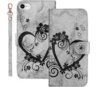 Kal-Coque Apple Iphone Se 2020/Se 2022 Rabat,Housse Iphone 8/7 Clapet,Aimer/C?ur+Fleurs Portefeuille Etui Avec Fonction Support Et Porte-Carte,Marbrure Cuir Pu Flip Cover Case.Noir