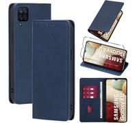 Kal-Coque Cuir Pour Samsung Galaxy A12/M12/A12 Nacho 6.5"" Avec 1 Verre Trempé Etui À Rabat En Pu Porte-Cartes Portefeuille Support Flip Housse Magnétique Antichoc Anti-Rayures Case,Bleu