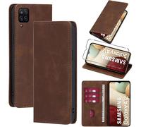 Kal-Coque Cuir Pour Samsung Galaxy A12/M12/A12 Nacho 6.5"" Avec 1 Verre Trempé Etui À Rabat En Pu Porte-Cartes Portefeuille Support Flip Housse Magnétique Antichoc Anti-Rayures Case,Marron