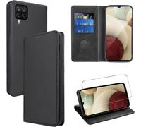 Kal-Coque Cuir Pour Samsung Galaxy A12/M12/A12 Nacho 6.5"" Avec 1 Verre Trempé Etui À Rabat En Pu Porte-Cartes Portefeuille Support Flip Housse Magnétique Antichoc Anti-Rayures Case,Noir