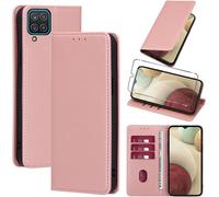 Kal-Coque Cuir Pour Samsung Galaxy A12/M12/A12 Nacho Avec 1 Verre Trempé Etui À Rabat En Pu Porte-Cartes Portefeuille Support Flip Housse Magnétique Antichoc Anti-Rayures Case 6.5"",Rose-Gold