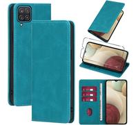 Kal-Coque Cuir Pour Samsung Galaxy A12/M12/A12 Nacho Avec 1 Verre Trempé Etui À Rabat En Pu Porte-Cartes Portefeuille Support Flip Housse Magnétique Antichoc Anti-Rayures Case 6.5"",Bleu Clair