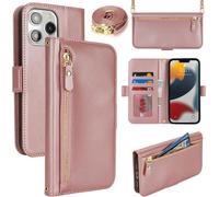 Kal-Coque En Cuir Premium Pour Iphone 12 Pro Max / 13 Pro Max - Étui Portefeuille Avec Sangle Réglable, Porte-Cartes, Protection Complète Et Design Élégant - Rose
