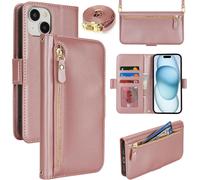 Kal-Coque En Cuir Premium Pour Iphone 15 - Étui Portefeuille Avec Sangle Réglable, Porte-Cartes, Protection Complète Et Design Élégant - Rose