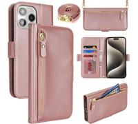 Kal-Coque En Cuir Premium Pour Iphone 15 Pro Max - Étui Portefeuille Avec Sangle Réglable, Porte-Cartes, Protection Complète Et Design Élégant - Rose