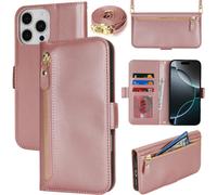 Kal-Coque En Cuir Premium Pour Iphone 16 Pro - Étui Portefeuille Avec Sangle Réglable, Porte-Cartes, Protection Complète Et Design Élégant - Rose