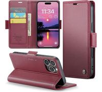 Kal-Coque Pour Iphone 16 Pro Étui Portefeuille Wallet Cover En Cuir Pu Avec Cartes Magnétique Et Rfid Protection Antivol Folio Housse Iphone 16 Pro Case, Vin Rouge