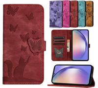 Kal-Coque Pour Iphone 16e 6.1"" Étuis Cuir Pu Housse Flip Magnétique Portefeuille Protection Carte Pour Iphone 16e Coque Cover,Papillon Chat Rouge