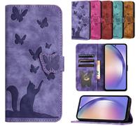Kal-Coque Pour Iphone 16e 6.1"" Étuis Cuir Pu Housse Flip Magnétique Portefeuille Protection Carte Pour Iphone 16e Coque Cover,Papillon Chat Violette