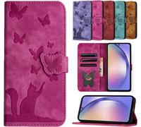 Kal-Coque Pour Iphone 16e 6.1"" Étuis Cuir Pu Housse Flip Magnétique Portefeuille Protection Carte Pour Iphone 16e Coque Cover,Papillon Chat Rose Rouge