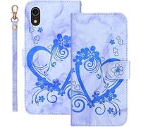 Kal-Coque Pour Iphone Xr Rabat,Housse Pour Iphone Xr Clapet,Aimer/C?ur Portefeuille Etui Avec Fonction Support Et Porte-Carte,Cuir Pu Flip Cover Case.Bleu