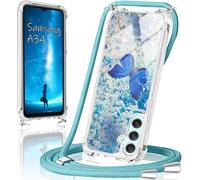 Kal-Coque Samsung Galaxy A34 5g Avec Cordon,Transparente Crystal Glitter Sequins Liquid Pour Samsung Galaxy A34 5g Housse,Silicone Tup Antichoc Pour Samsung A34 5g Avec Cordon Collier Réglable Case C