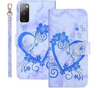 Kal-Coque Samsung Galaxy S20 Fe 5g Rabat,Housse Samsung S20 Fe 5g Clapet,Aimer/C?ur+Fleurs Portefeuille Etui Avec Fonction Support Et Porte-Carte,Marbrure Cuir Pu Flip Cover Case.Bleu